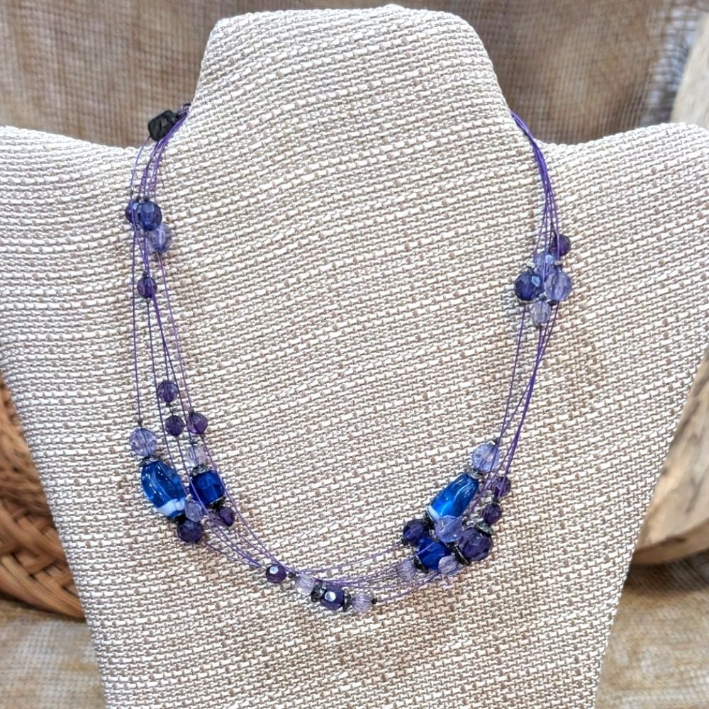 Y2K Necklace You & I Brand Blue Purple Lavender Beads Multi Strand  16 inch